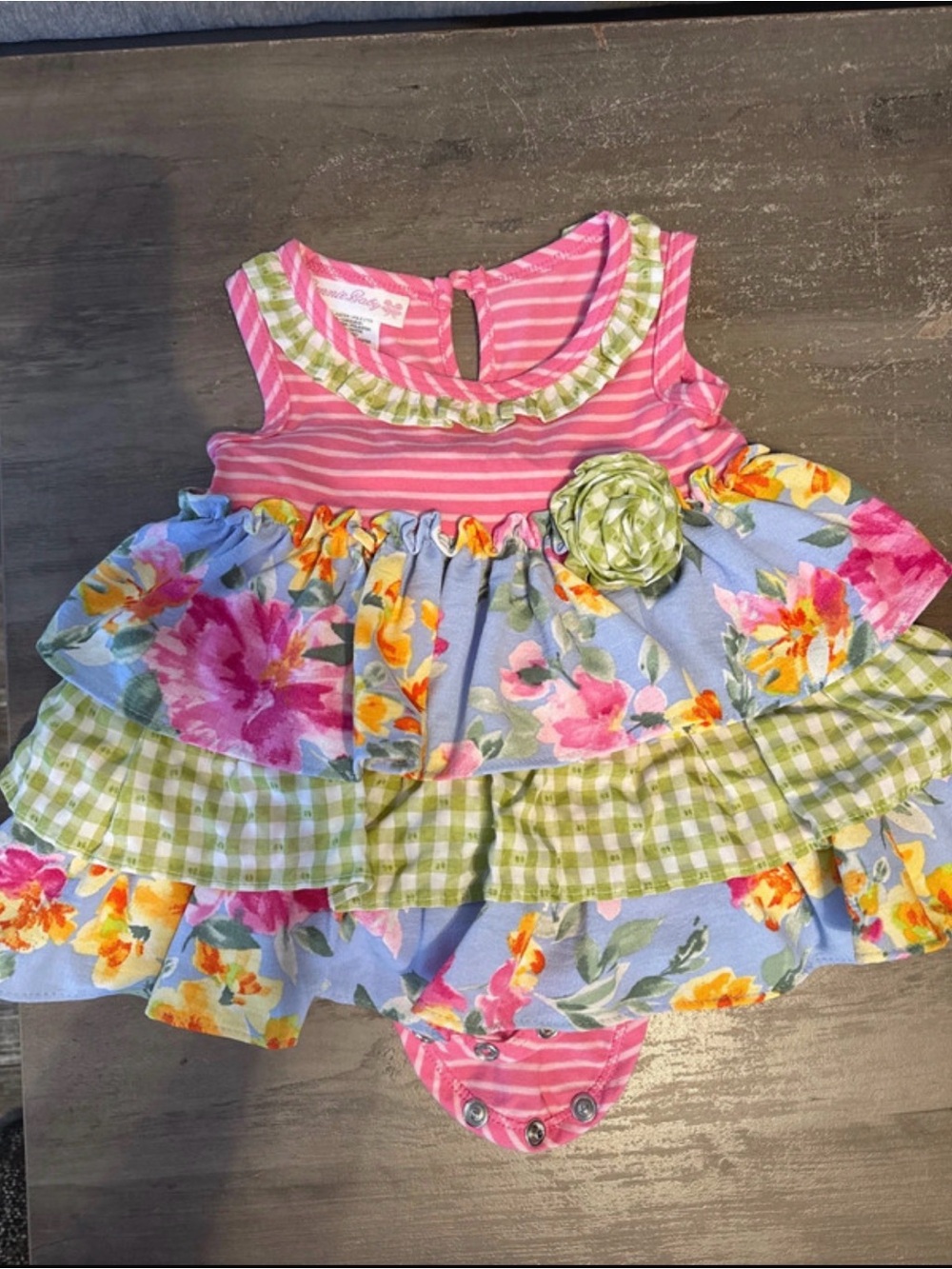 Bonnie Baby Pink Striped Floral Ruffle Baby Dress with Green Gingham Accents